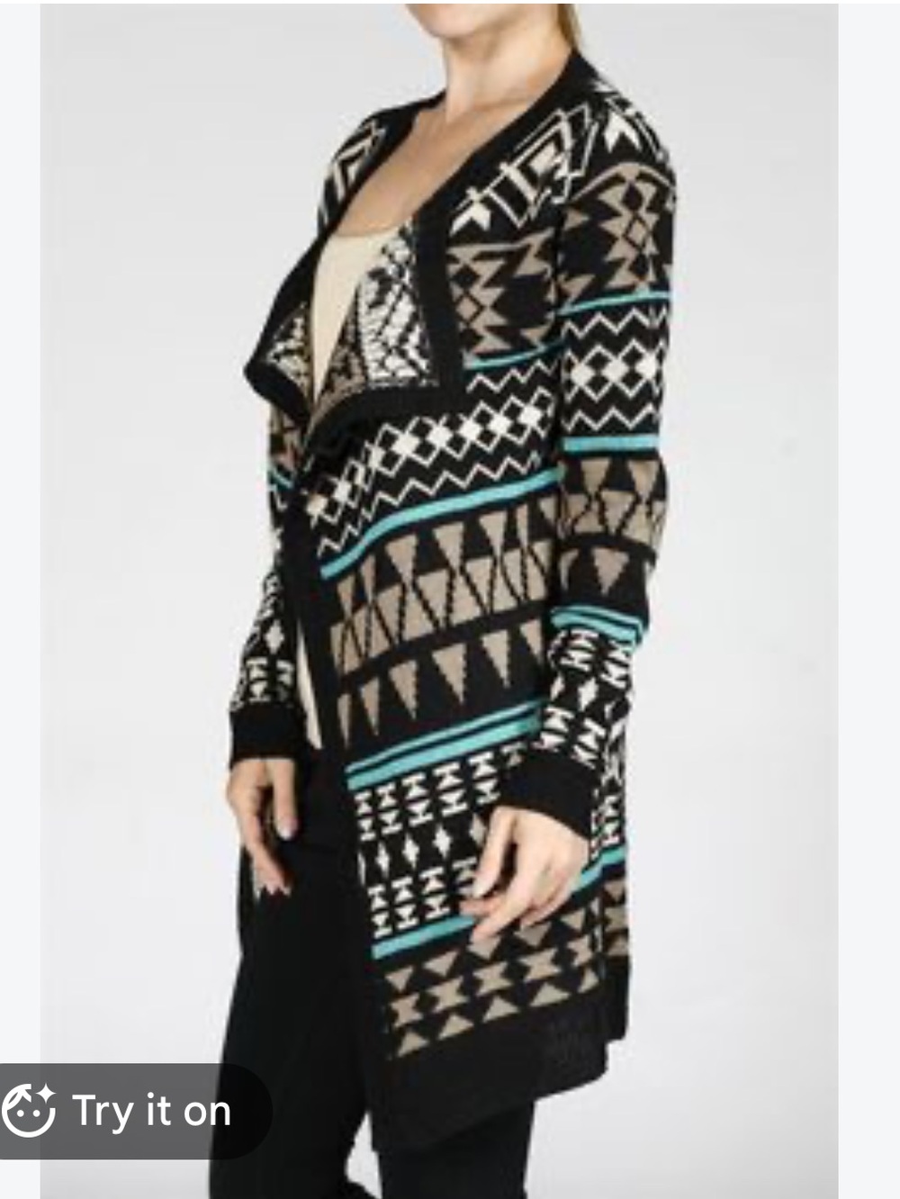 Active USA Designed In LA Aztec Open-Front Cardigan in Black, Tan & Teal